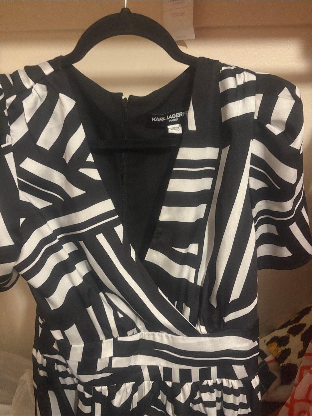 Karl Lagerfeld Black and White Striped Midi Wrap Dress